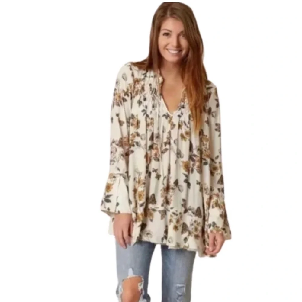 Free People Pebble Crepe So Fine Smocked Tunic in Ivory Combo Size Small